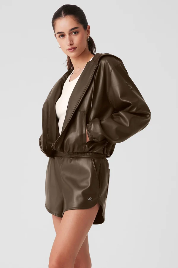 Faux Leather Power Hour Full Zip Cropped Jacket - Espresso