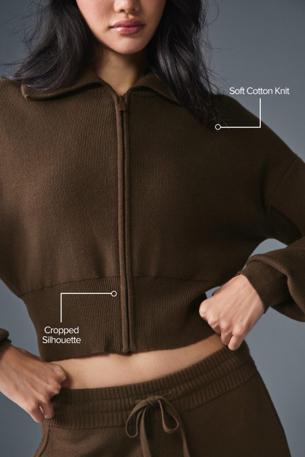 Scholar Knit Cropped Full Zip Jacket ?C Espresso