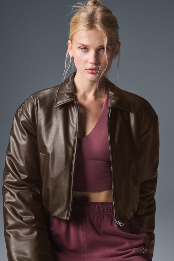 Faux Leather Cropped Premier Bomber ?C Espresso
