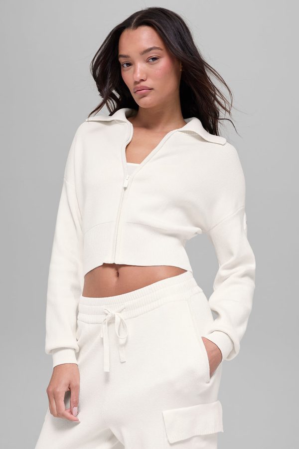 Scholar Knit Cropped Full Zip Jacket ?C Ivory