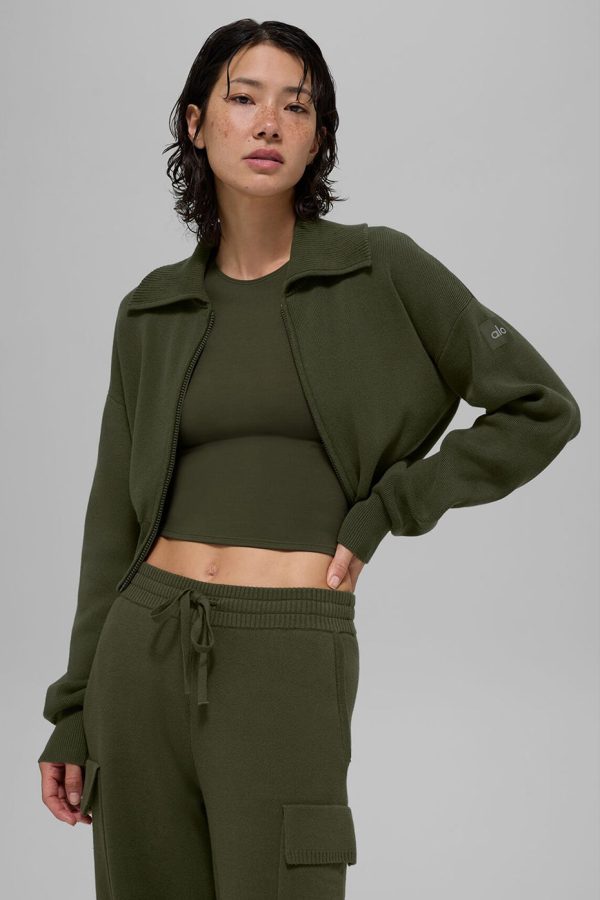 Scholar Knit Cropped Full Zip Jacket ?C Green Olive