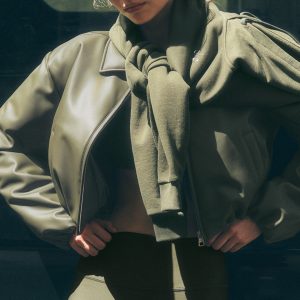 Faux Leather Cropped Premier Bomber ?C Green Olive