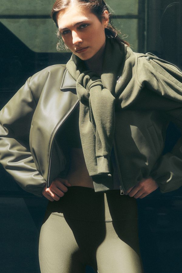 Faux Leather Cropped Premier Bomber ?C Green Olive