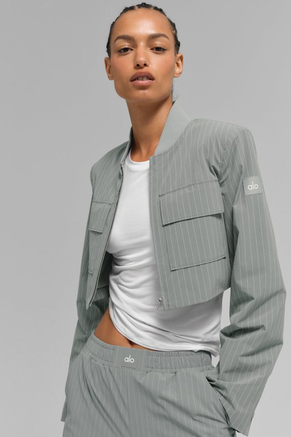 Cropped Pinstripe Main Character Full Zip Jacket ?C Lunar Grey/White