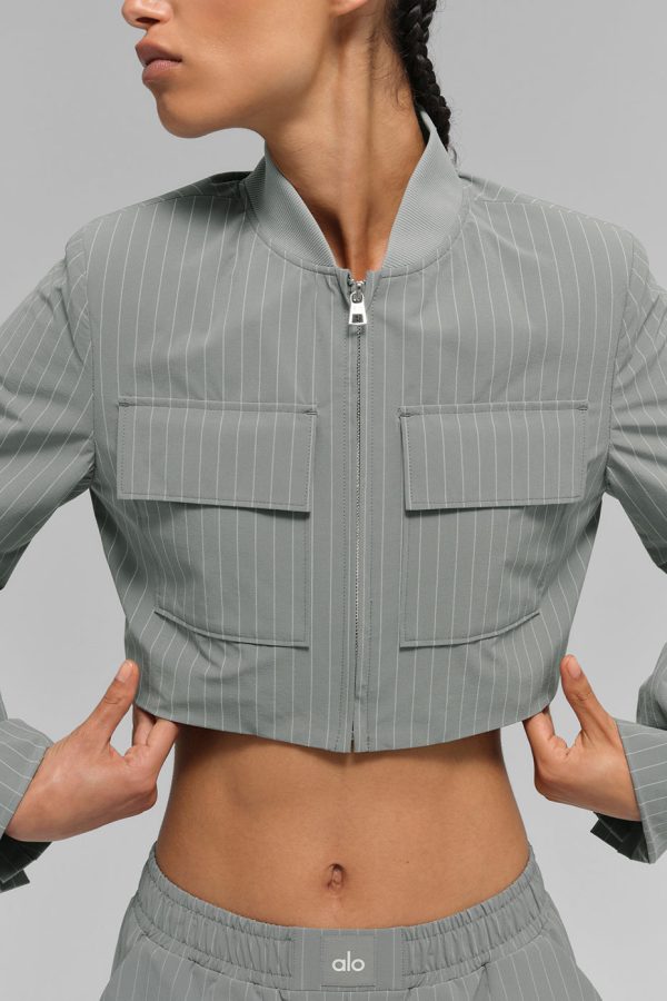 Cropped Pinstripe Main Character Full Zip Jacket ?C Lunar Grey/White