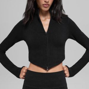 Seamless Two Tone Rib Jacket ?C Black